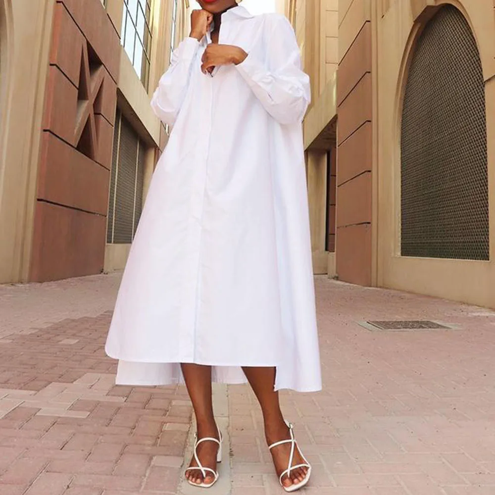 

Shirt Dresses Women African 2022 Summer Plain Expansion Office Lady Single-Breasted Lapel Long Sleeve Pocket Female Maxi Dress