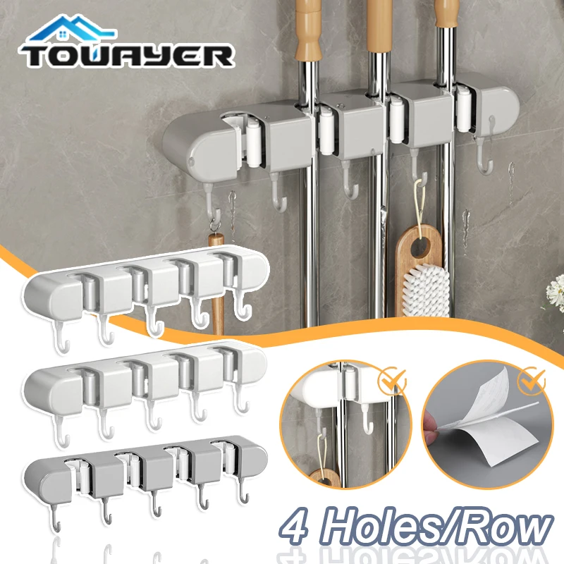 

4-Holes Multi-Purpose Hooks Mop Rack Wall-Mounted Mop Storage Box Broom Hanger Hook Bathroom Waterproof Wall Self-Adhesive Hook