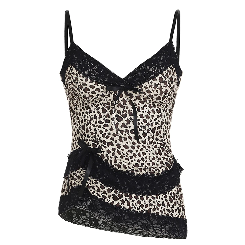 Sweetown Y2k леопардовые тонкие топы с кружевной отделкой и v-образным вырезом на шее