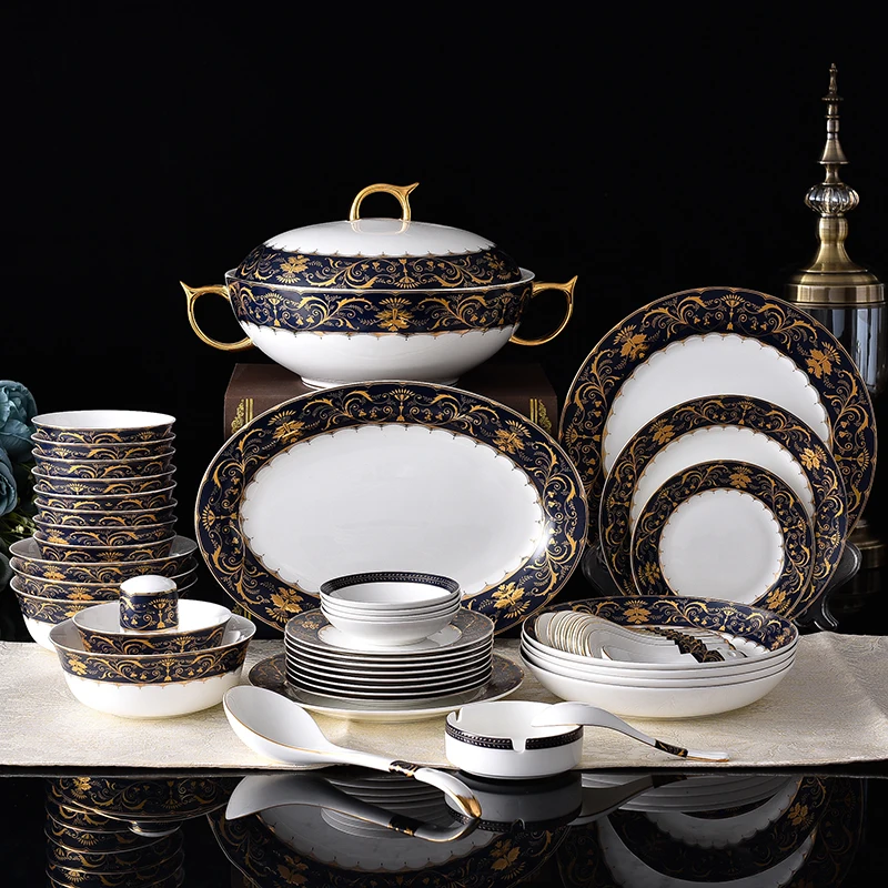 

52 Pcs Dishes Set Household High-Quality Bone China Tableware Nordic bowls and Plates Light Luxury Style Bowls and Chopsticks