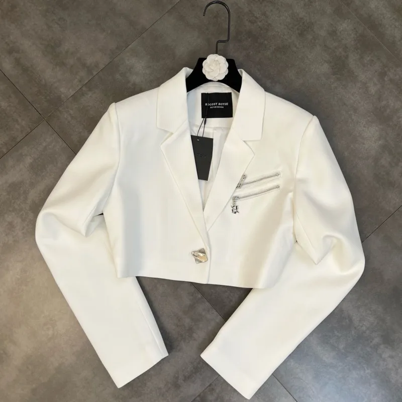 

PREPOMP 2022 Spring New Arrival Long Sleeve Turn Down Collar Single Buckle Double Zippers Slim Short Blazer Women Jacket GD870