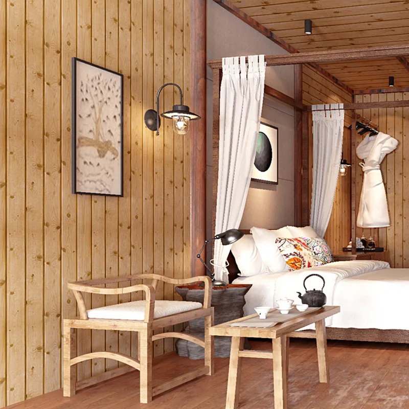 

Modern minimalist new Chinese wood grain wallpaper original wood color plank wallpaper living room attic ceiling clothing store