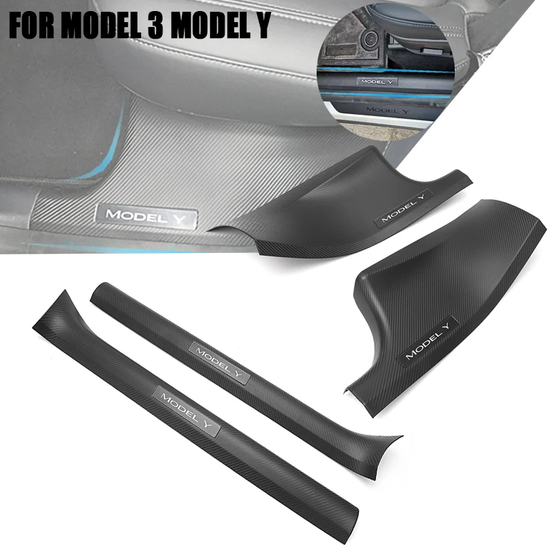4Pcs Door Sill Protectors for Tesla Model Y Model 3 PU Coated Carbon Fiber Front Rear Door Pedal Cover Car Anti-dirty Pad