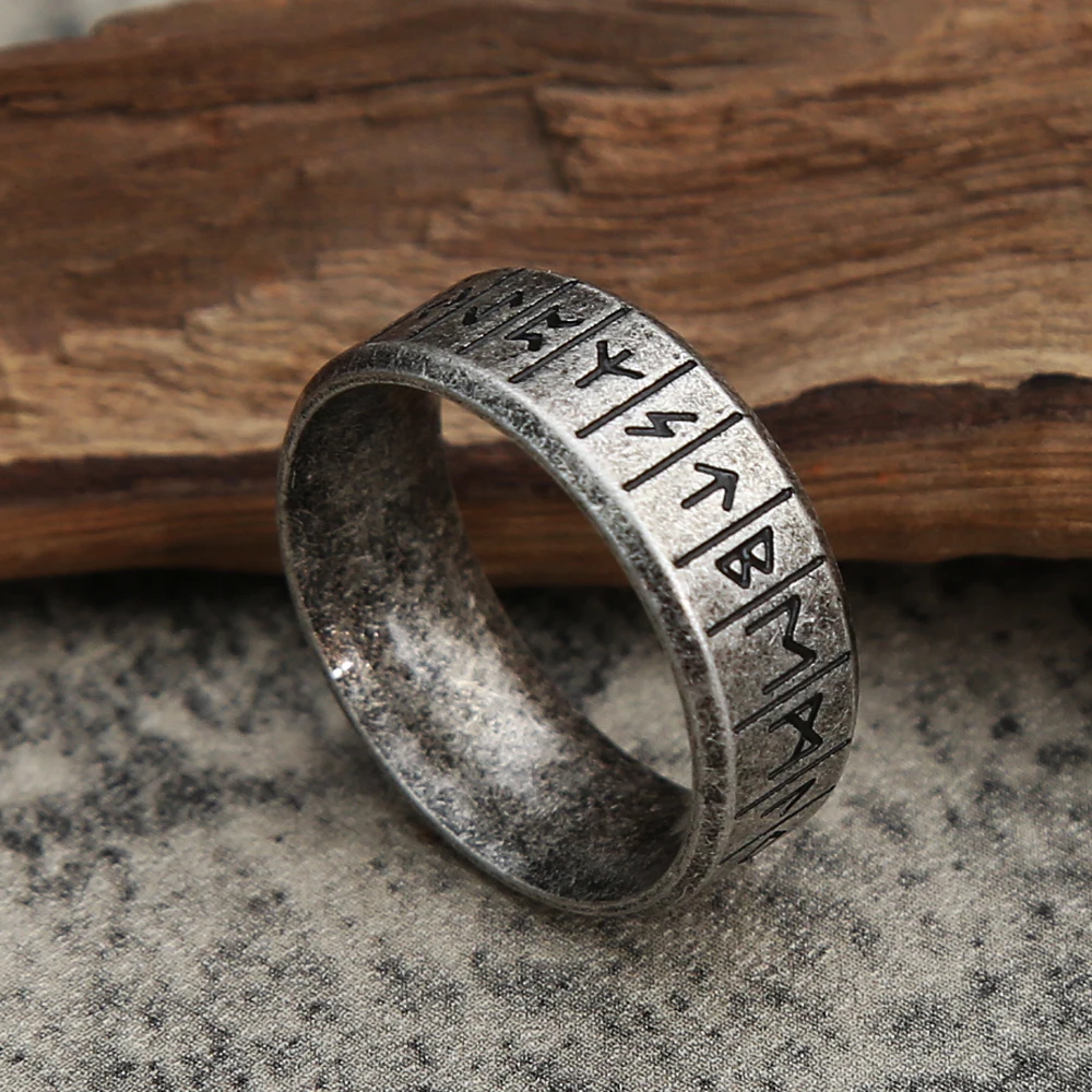 Punk siyah/çelik renk Vintage Viking Rune yüzük basit paslanmaz çelik motorcu yüzüğü erkekler için İskandinav muska takı hediye toptan