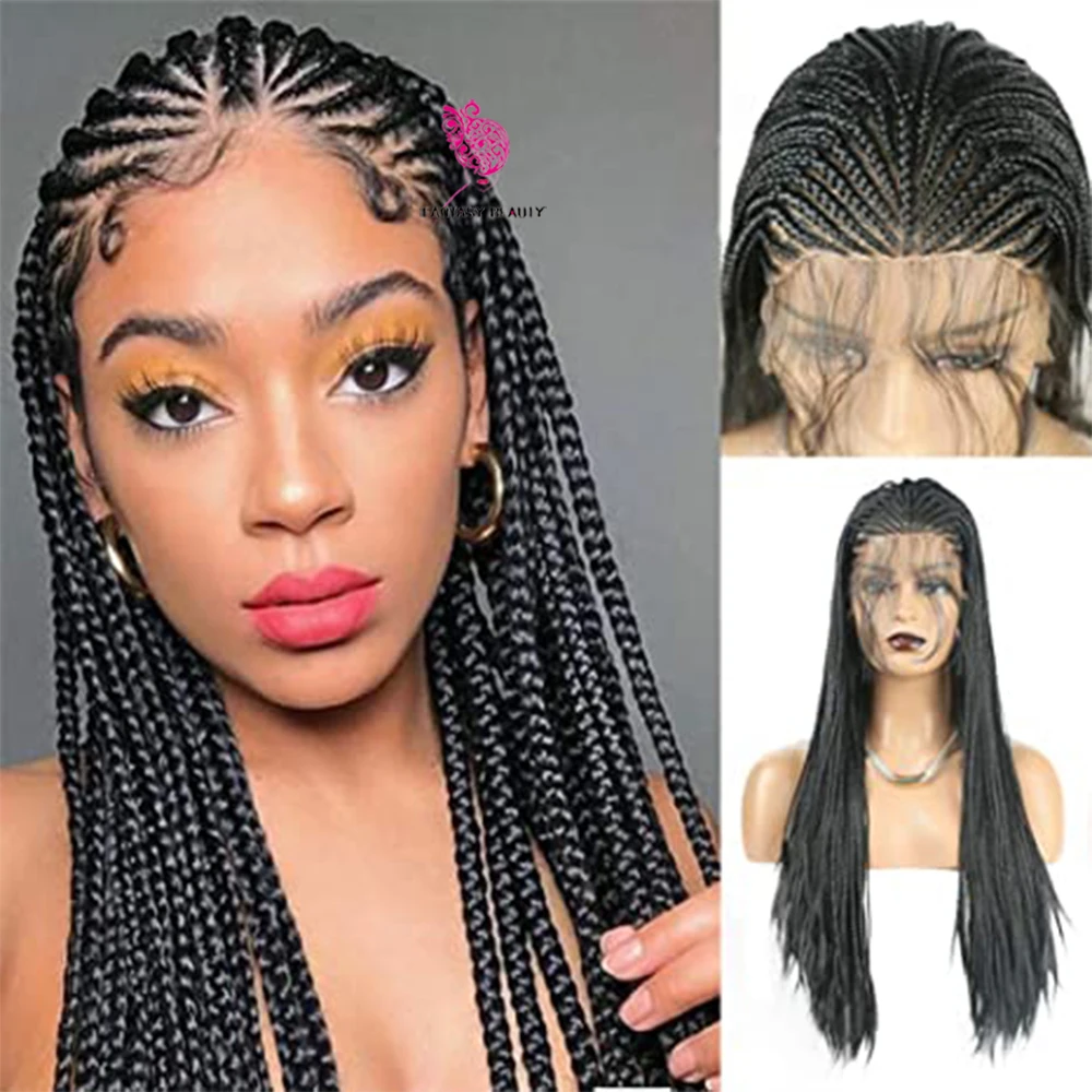 

Black Braided Box Braiding Synthetic Lace Front Wig 24Inches Long Braids Heat Fiber Hair Lace Front Synthetic Wigs for Women