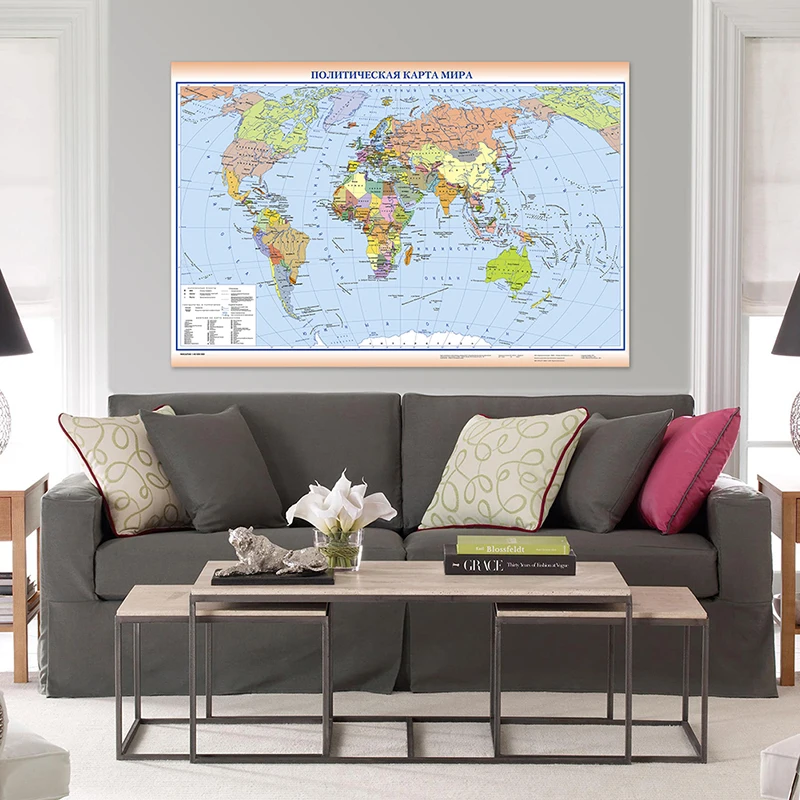 150x100cm Large Russian Map of The World with Political Distribution Non-woven Personalized Atlas Poster Home Office Supplies