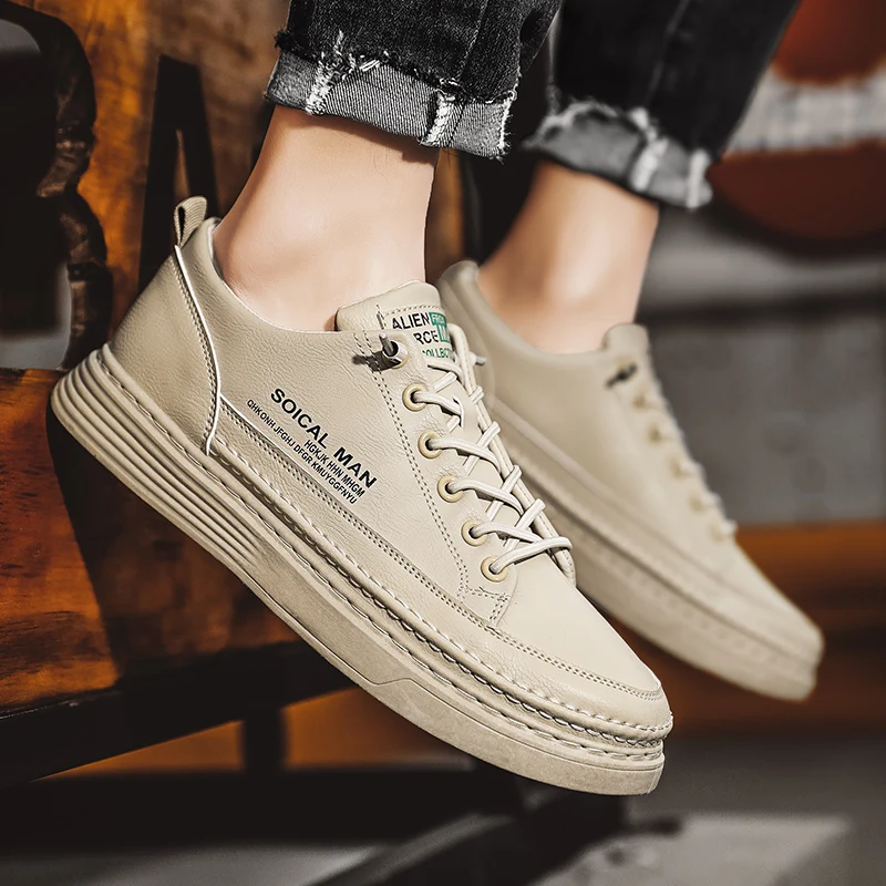 

Кроссовки мужские кожаные, простая повседневная обувь для скейтборда, эластичная резинка, уличный стиль, корейский стиль, на лето