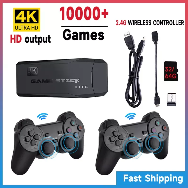 

Game Stick 4K Video Game Console 64G Classic Games 10000+ Games 2.4G Double Wireless Controller for PS1/GBA Boy Christmas Gift
