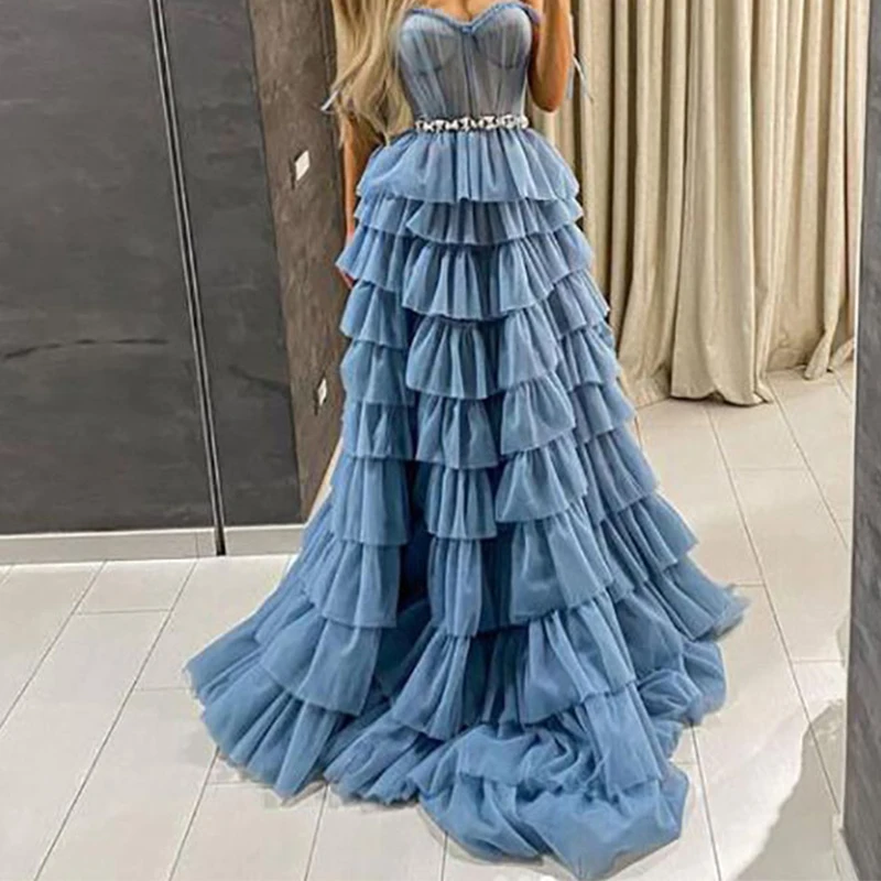 

Небесно-голубое милое искусственное фатиновое платье в пол с блестками и поясом индивидуальный пошив официальное платье для торжества