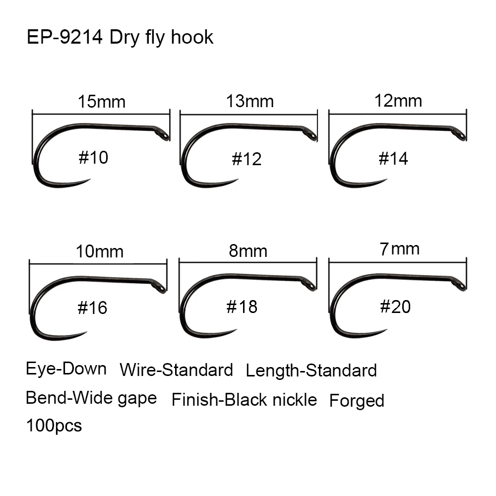 Eupheng 100pcs Competition Barbless Fly Fishing Hook Tying Materails Dry Nymph Shirmp Wet Caddis Fly Hook Black Nickle 2