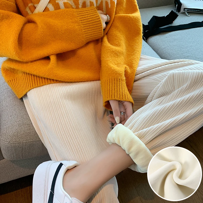 

MOONBIFFY Winter Women Warm Corduroy Pants Female Casual Plush Thicken Cashmere Sweatpants Loose Harem Long Trousers Joggers