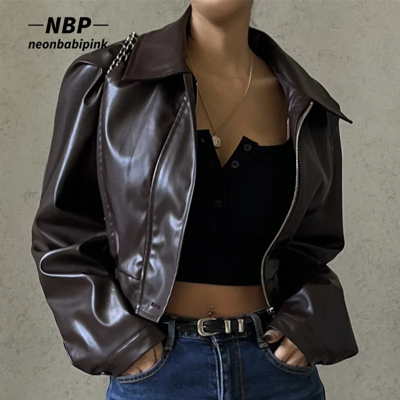 

Куртка NEONBABIPINK из искусственной кожи на молнии, винтажная уличная модная верхняя одежда, женское осенне-зимнее пальто, коричневое Женское пальто