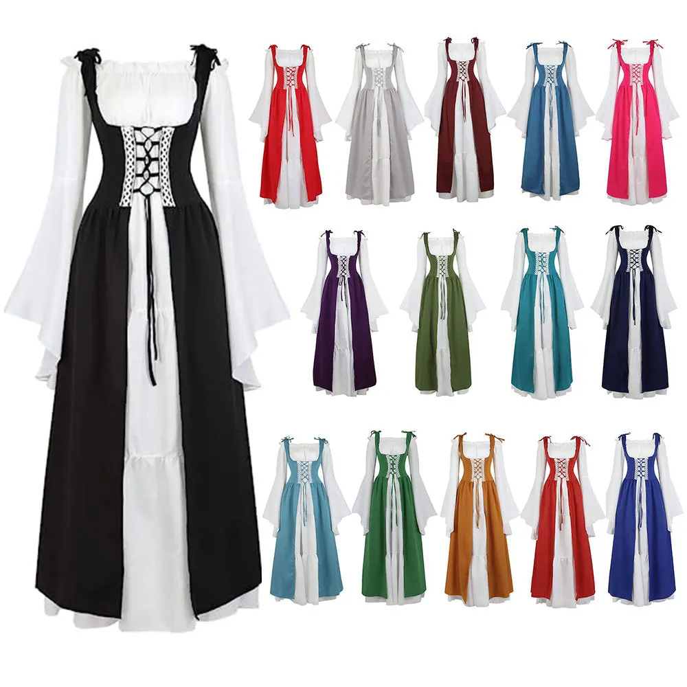 

Women Vintage Medieval Two Piece Set Off Shoulder Oktoberfest Beer Girls Maxi Party Dresses Victorian Lace Up Ball Gown Celtic