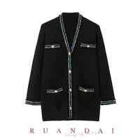 tweed black long sleeved sweater jacket for ruandai 2022 summer new french v neck fringed edge loose knitted cardigan women