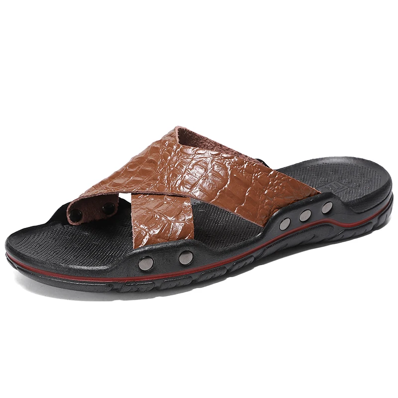 

2022 New Quality Leather Non-Slip Slippers Men Beach Sandals Comfortable Summer Shoes Men Slippers Classics Flip Flops Big Size