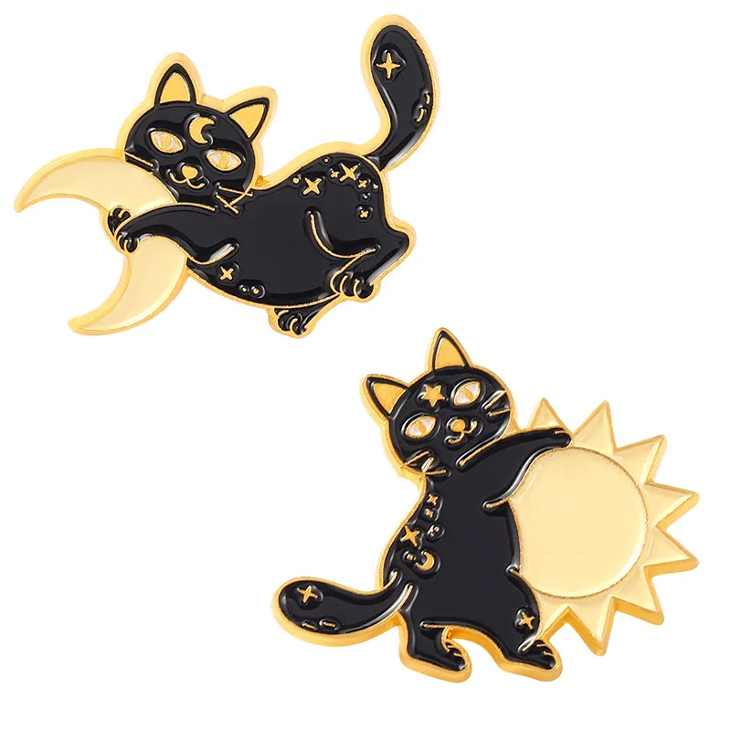 Sun Moon Stars Enamel Pins Gothic Cats Lover Brooches Lapel Badges Bag Punk Dark Jewelry Gift for Kids