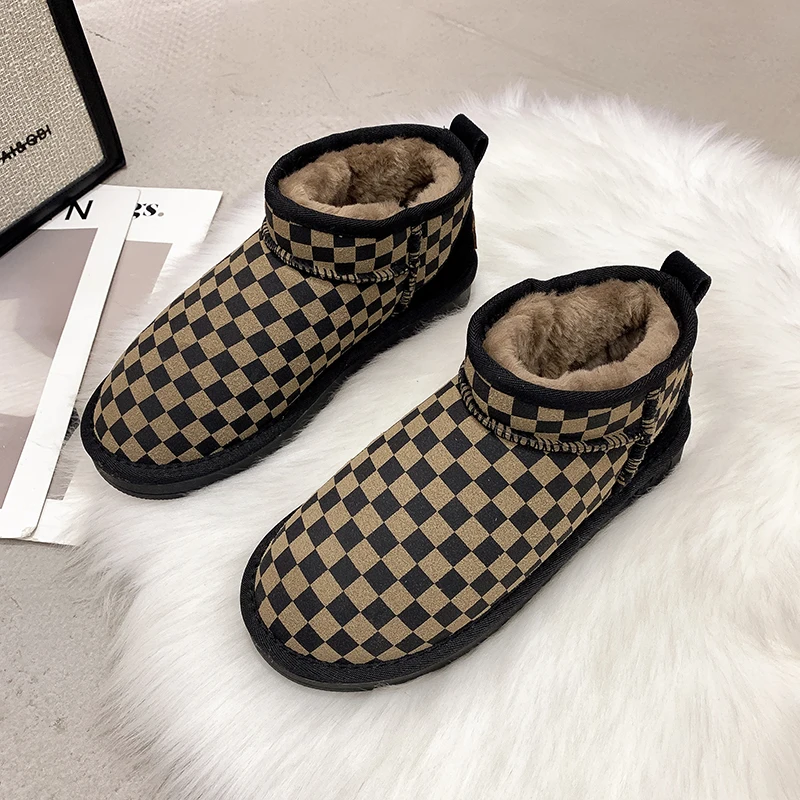2022 Comfortable Flat Casual Platform Color Blocking Checkered Shoes Ankle Boots Plush Warm  Mujer Women Snow Boots Winter