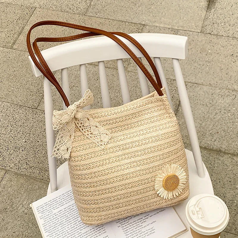 

2023 Summer Beach Straw Bags Handbags and Purses Weave Bucket Bag Female Bohemian Shoulder Bag for Women Lady Travel Shopper Bag