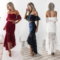 2022 new womens long skirt suit lace skirt strapless backless top temperament sexy hollow stitched pencil skirt 2 piece set