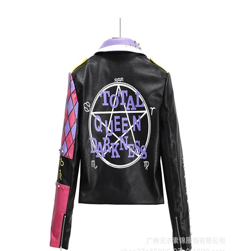 Leather jacket women's motorcycle clothing spring autumn fashion rock punk contrast color printed clothes European and American enlarge