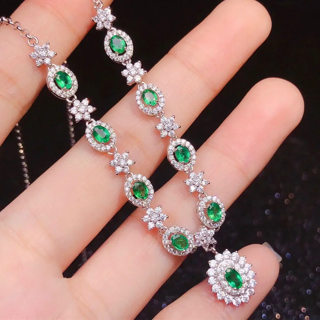 

Luxury 925 Sterling Silver Oval Natural Green Gemstone Necklace for Women Wedding Fine Jewelry Wholesale
