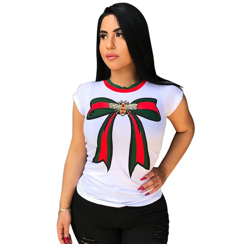 

Summer T Shirt Women Bow Tie Print Casual T-Shirt Short Sleeve Female Tshirts Tops O-Neck Blusas Feminina