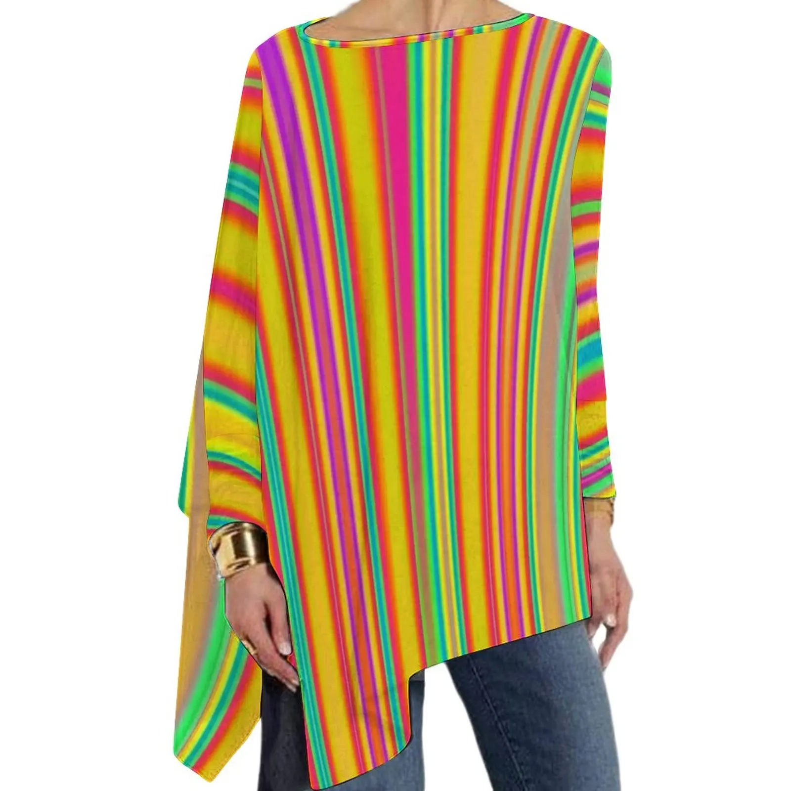 

Футболка женская в радужную полоску, винтажная Свободная Повседневная рубашка с длинным рукавом и абстрактным принтом, Одежда большого размера, идея для подарка