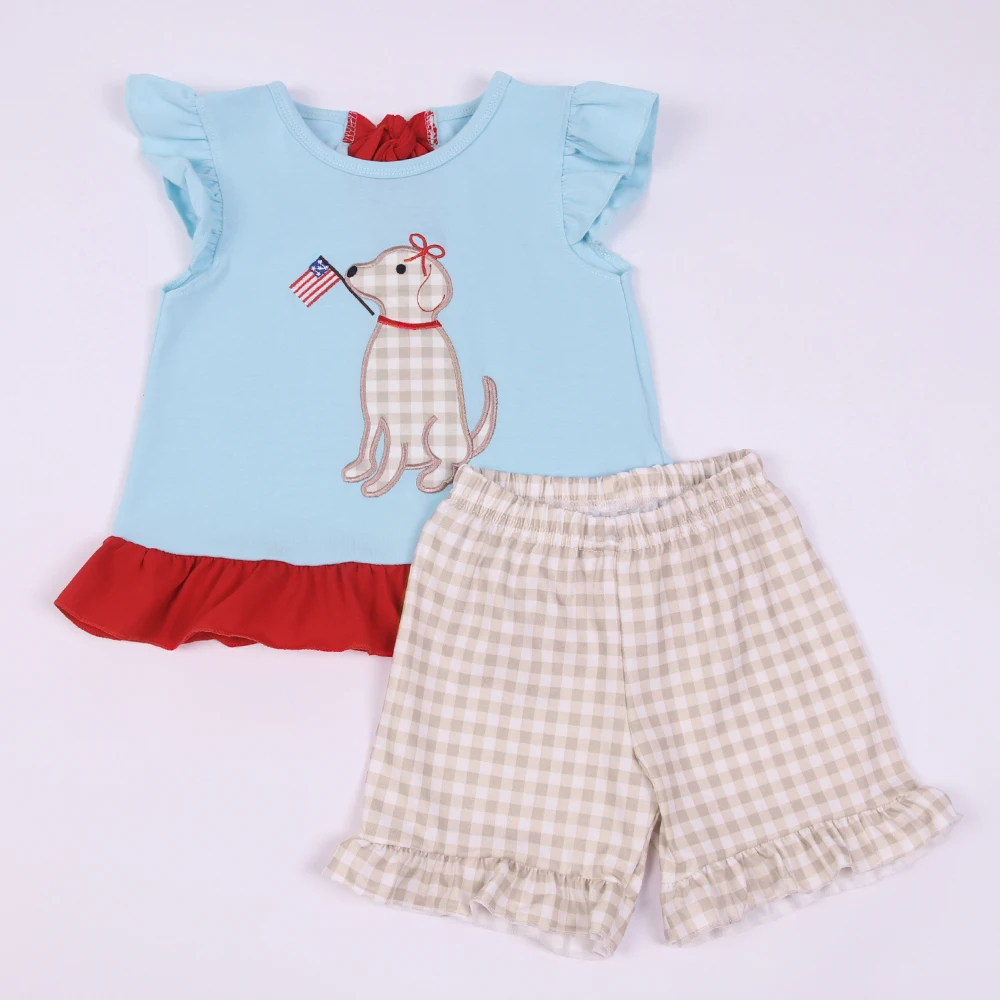 

July 4th Baby Girl Clothes Set Puppy Embroidery Bodysuit Children's Suit Kids Bluey Bow Clothing 1-8T Independence Day Outfits
