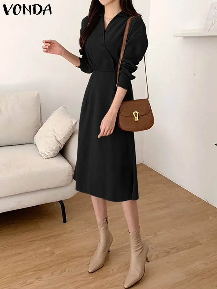 

Casual Solid Color Midi Dress 2023 Women Office Lady Turn-down Collar Elegant Mid-Calf Sundress Fashion Party Vestidos Baggy