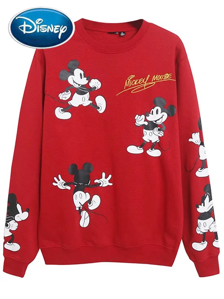 

Disney Red Sweatshirt Front Back Mickey Mouse Print Letter Embroidery Women Long Sleeve O-Neck Pullover Fleece Tops Streetwear