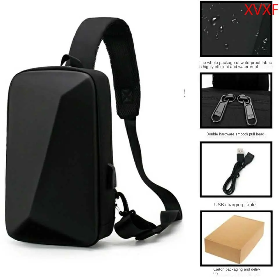 

USB Unisex Shoulder Bag Cross body Hard Shell Waterproof Functional Backpack Mens Chest Bag