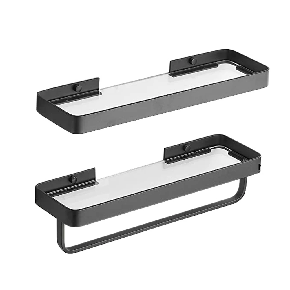 

Bathroom Wall Shelf Black 11.8 in Glass Shelf for Bathroom Floating Shelf with Towel Holder Glass Shower Shelf 2 Tier