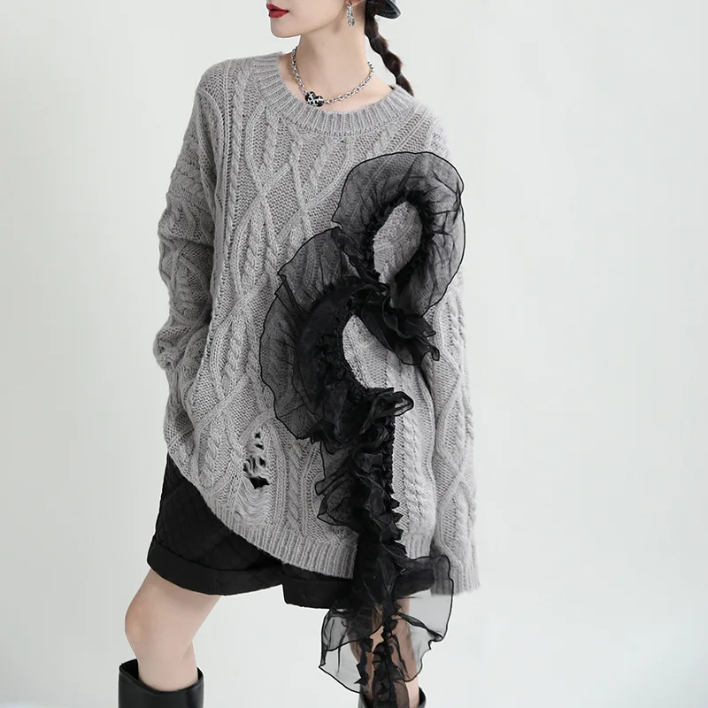 

Winter hollowed out patchwork yarn sweater top loose lazy wind pullover knitted top female