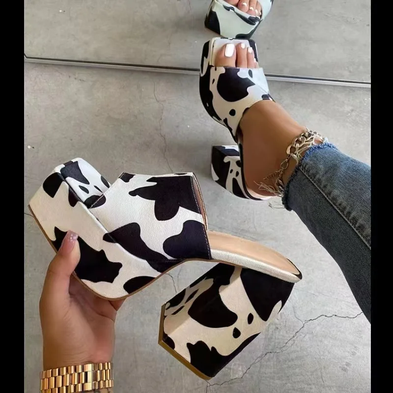 2023 New Women Color Printing Square Head Thick Bottom Thick Heel One-line Slippers Women's Large Size High-heeled Sandals