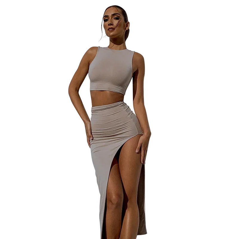 

GBVLGAR Summer Solid Two Piece Suit Casual Tank Top And Bifurcation Long Skirt Fashion Streetwear Club Vacation Holiday Lady Set