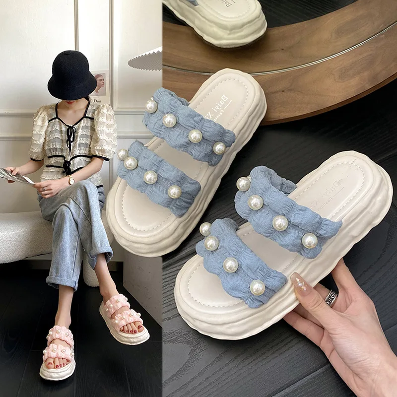 

Шнурок для обуви женские тапочки с бисером Роскошные Сланцы на платформе Низкие Дизайнерские летние туфли-лодочки 2022 римская хлопковая тка...