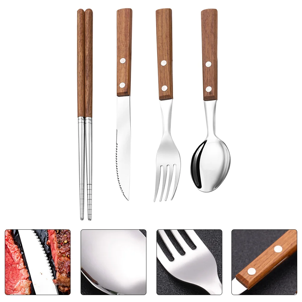 

1 Set of Stainless Steel Tableware Flatware Wooden Handle Cutter Fork Spoon Kit