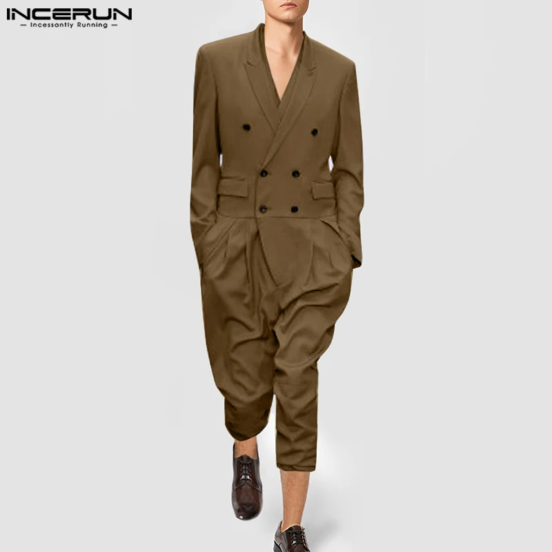 2023 Men Jumpsuits Solid Lapel Long Sleeve Streetwear Double Breasted Rompers Elegant Fashion Casual Men Overalls S-5XL INCERUN