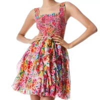 Latest 2022 Summer Top Quality Pink Yellow Blue Multi Floral Print Shirred Stretchable Tank Mini Ruffle Dress Women