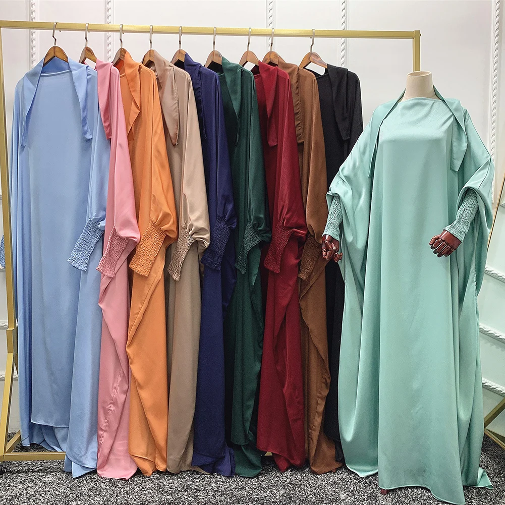 Jilbab One Piece Satin High Quality Muslim Ramadan EID Women Elastic Wrist Sleeve Prayer Abaya Islamic Clothing