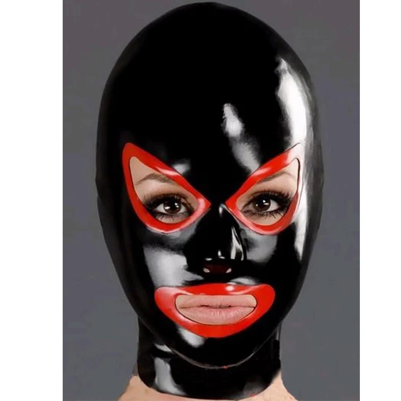 

Latex Hood Open Eyes and Mouth Black with Red Rubber Mask for Women Catsuit Club Wear Halloween Cosplay Costume