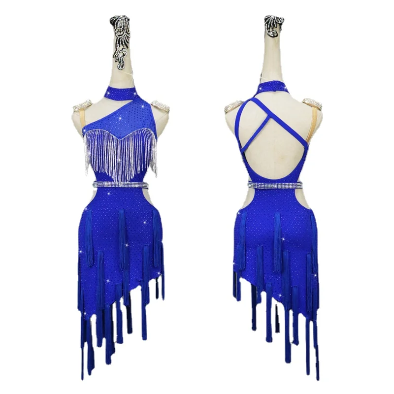 

Blue Sexy Latin Dance Dress Fringe Skirt Competition Dresses Costumes Performing Sparkly Rhinestones Adult Customize Children