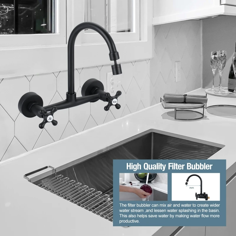 

Accipiter Black Kitchen Faucet Dual Handle Hot and Cold Mixer Sink Faucet Stainless Steel Wall Mounted Rotation Sprayer Taps