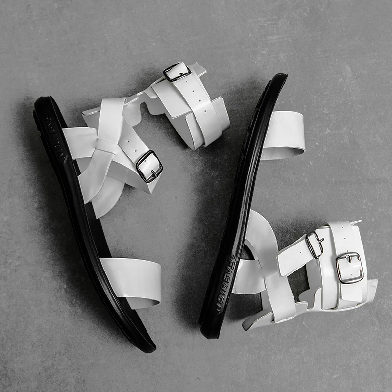 

Brand Original Design 2022 Summer Rome Style Men's Sandals Pure White Cross-Tied Classic Shoes Daily Outdoor Flat Men Shoes