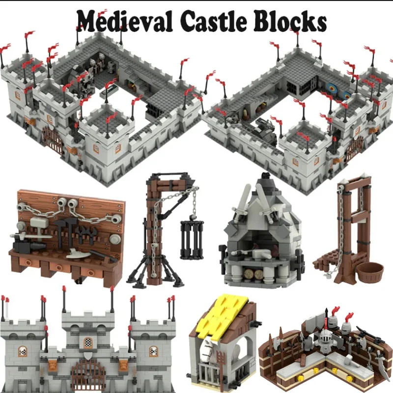 

MOC Medieval Lion Fortress Castle Scene Building Blocks Military Knight City Wall Stable Tool Stand Warrior Weapons Bricks Toys