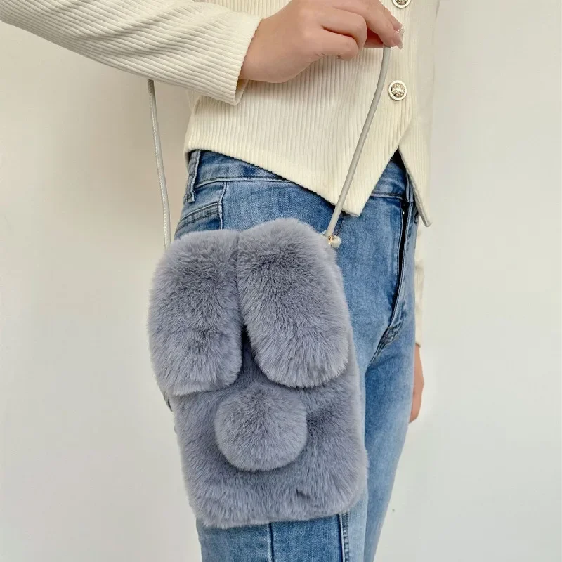 

Women small plush mobile phone bag girl fur small rabbit ear shoulder bag