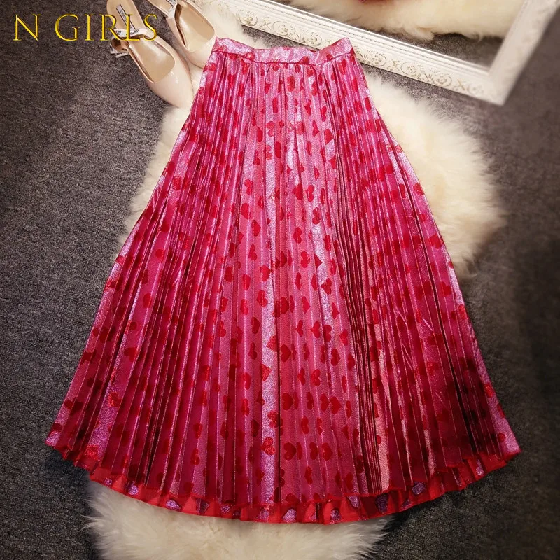 N GIRLS Womens Skirts Summer 2020 New pound gold and silver shiny love pink peach pleated skirt female