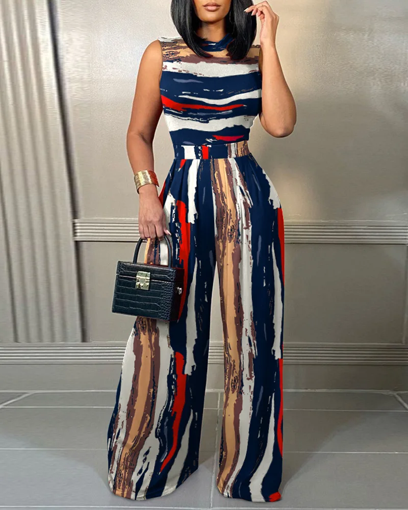 

Abstract Print Striped Sleeveless High Waist Leg Jumpsuit Women Summer O Neck High Waist Loose Pants Jumpsuits Overall