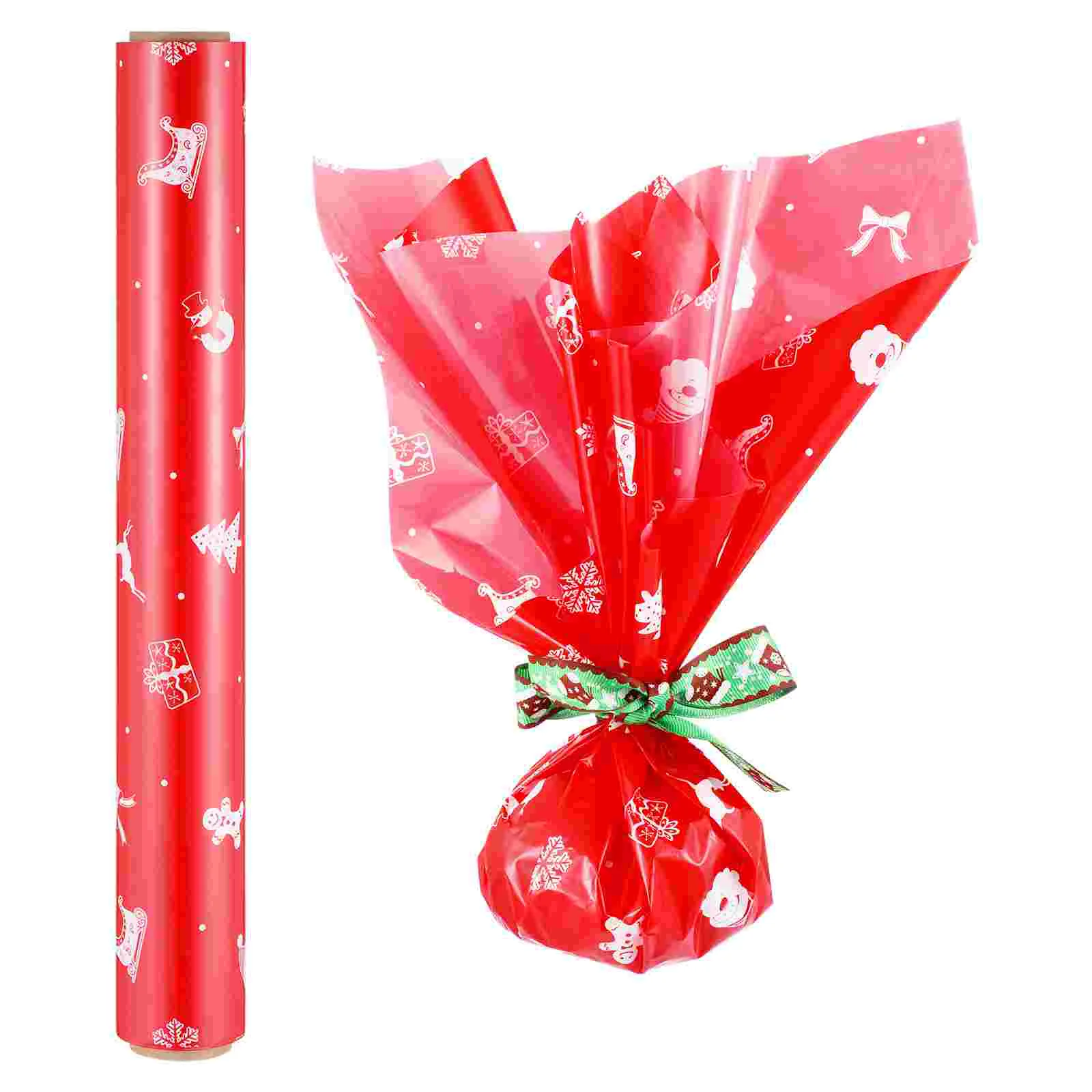 

Christmas Cellophane Wrap Roll- 2 5 Mil Thick Wrap Red with Snowman Xmas Tree Snowflake- 30m LongX40cm Width- Cellophane
