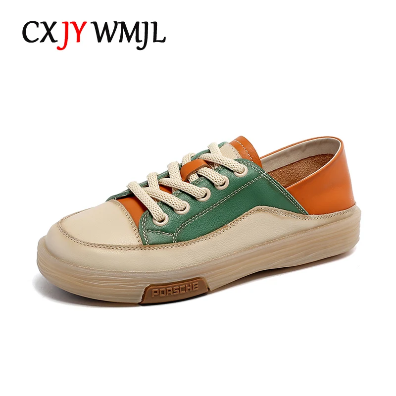 

CXJYWMJL Cowhide Women Retro Sneakers Spring Soft Sole Casual Vulcanized Shoes Genuine Leather Ladies Flats Small White Shoes